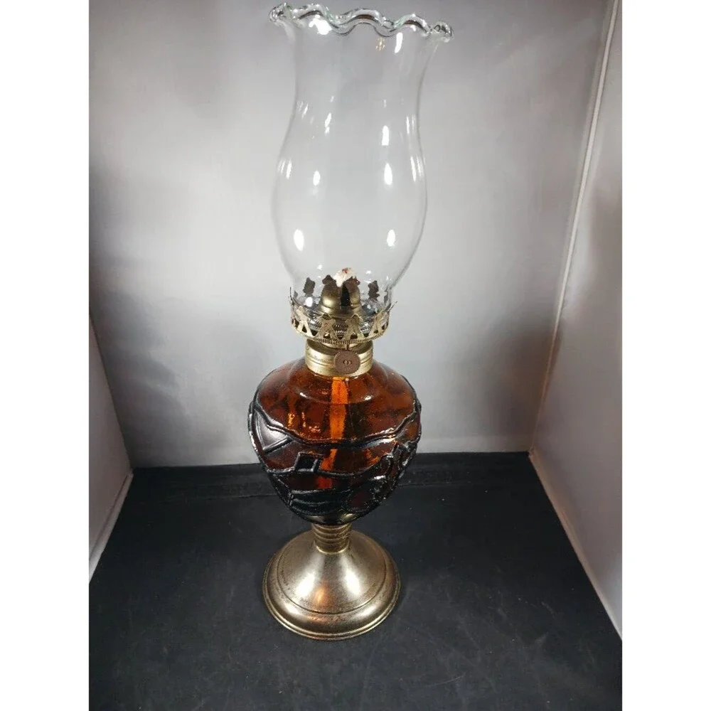 Vintage Large Amber Glass Oil Lamp